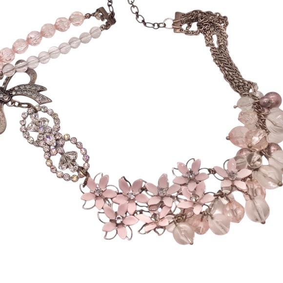 Romantic Pink Statement Necklace with Bow & Floral Beads, Vintage Inspired - Picture 5 of 16